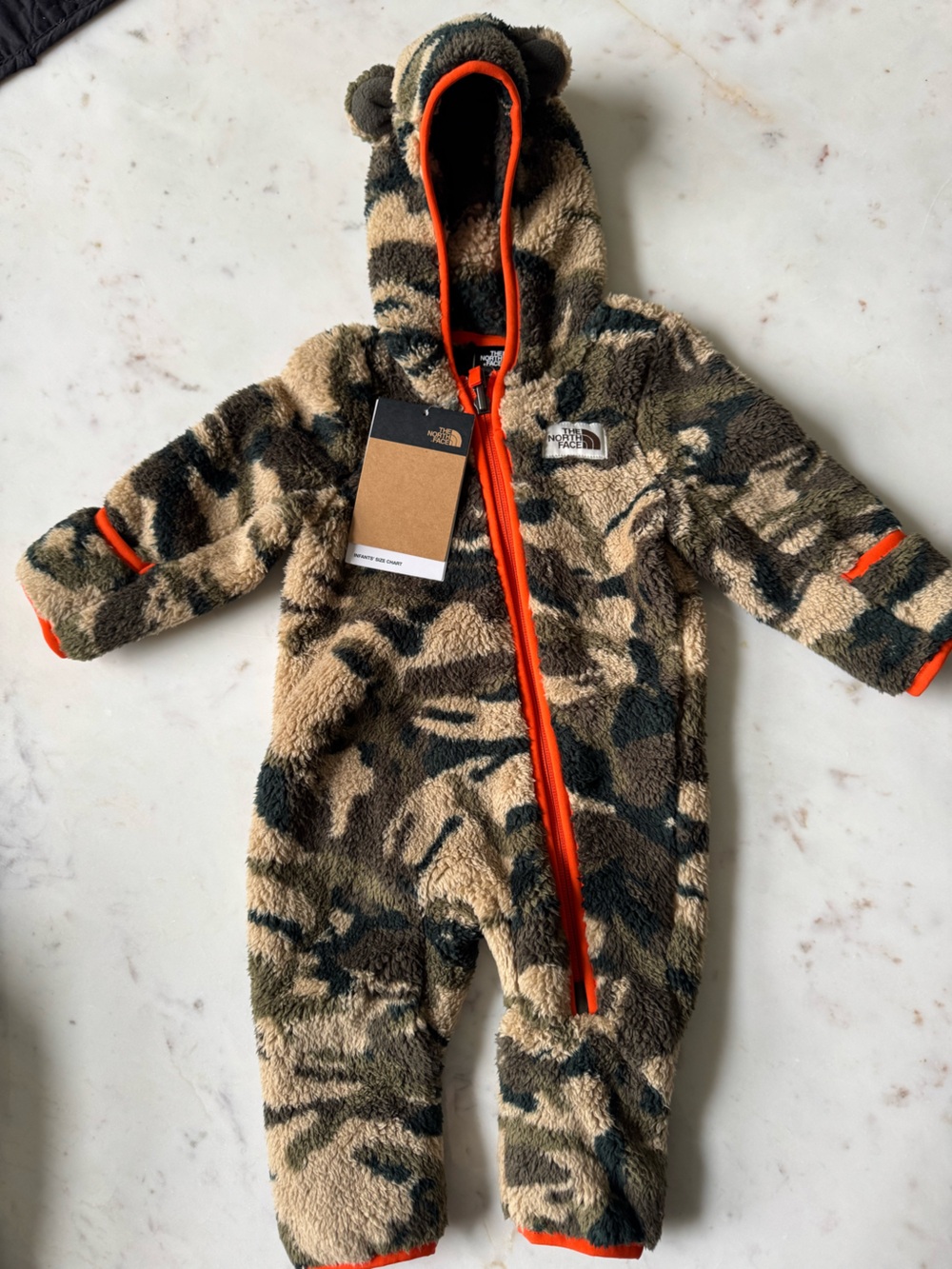 The North Face Kids' Fleece Camo Zip-Up one-piece Beige/Olive with Orange Trim